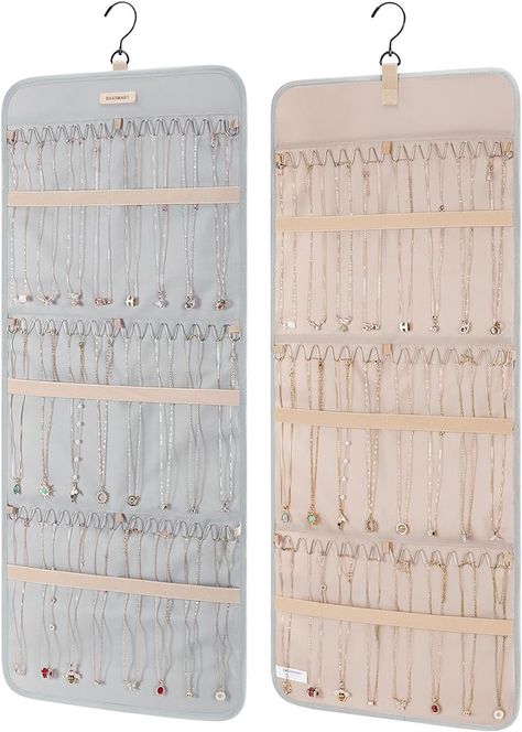 Amazon.com: BAGSMART Hanging Necklaces Organizer Jewelry Holder Storage Roll with Hanger Metal Hooks Double-Sided Jewelry Organizer for Necklaces, Bracelets on Closet, Wall, Door, 1 piece, Large Grey : Clothing, Shoes & Jewelry Jewelry Hanging Organizer, Necklace Holder Ideas, Necklace Storage Ideas, Necklace Wall Display, Necklaces Organizer, Hanging Necklace Organizer, Jewelry Storage Ideas, Diy Necklace Holder, Wall Jewelry Organizer