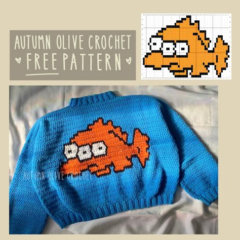 Simpsons Crochet, Autumn Olive, Crochet Hoodie, Graph Crochet, Fish Graphic, Crochet Pillow Pattern, Jumper Patterns, Hoodie Pattern, Tapestry Crochet Patterns