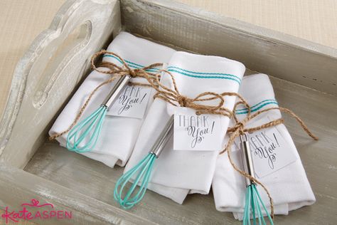 Kitchen Shower Favors Ideas from Kate Aspen | DIY Kitchen Bridal Shower Whisk and Towel Favors Practical Bridal Shower Favors, Bridal Shower Kitchen Theme, Cute Bridal Shower Gifts, Bridal Shower Prizes, Kitchen Bridal Shower, Kitchen Whisk, Shower Prizes, Themed Bridal Shower, Kitchen Shower