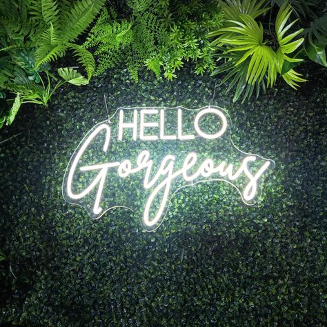 #NeonSigns #BrightIdeas #NeonSignNames #NeonInspiration #NeonRoom #RoomDecor Colors That Compliment Green, Hello Gorgeous Neon Sign, Salon Goals, Boxwood Wall, Cute Compliments, Party Neon Sign, Indoor Plant Wall, Party Neon, Backdrop Wall