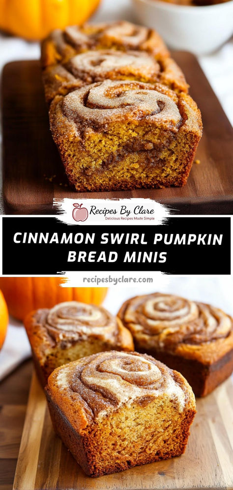 Deliciously moist mini pumpkin loaves with a cinnamon swirl, perfect for fall snacking!  Ingredients:  ¾ cup pumpkin puree ½ cup granulated sugar ¼ cup unsalted butter, melted 1 cup all-purpose flour ¼ cup cinnamon sugar (for swirl)  Soft and spiced pumpkin bread with a sweet cinnamon swirl, baked into mini loaves for a perfect autumn treat! Pumpkin Loaves Mini, 3 Ingredient Pumpkin Bread, Mini Pumpkin Bread Loaves, Pumpkin Bread Loaves, Mini Pumpkin Bread, Pumpkin Swirl Bread, Cinnamon Swirl Quick Bread, Pumpkin Loaves, Spice Desserts