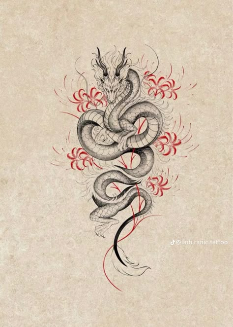 Red Ink Chinese Dragon Tattoo, Tattoo Design Drawings Dragon, Chinese Dragon Leg Tattoo For Women, Tattoo Ideas Female Arms Simple, Chinese Dragon Tattoos Back, Dragon Butterfly Tattoo, Back Tattoos Dragon, Winged Dragon Tattoo, Chinese Dragon Sketch