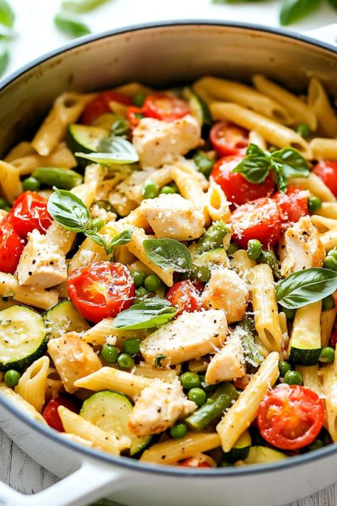 This creamy chicken pasta primavera is a feast for the senses! It's hearty, delicious, and bursting with so much gorgeous color. Pasta Primavera Recipes, Chicken Pasta Primavera, Summer Squash Pasta, Chicken Primavera Pasta, Chicken Primavera, Chicken With Prosciutto, Prosciutto Pasta, Pasta Primavera Recipe, Weekend Food