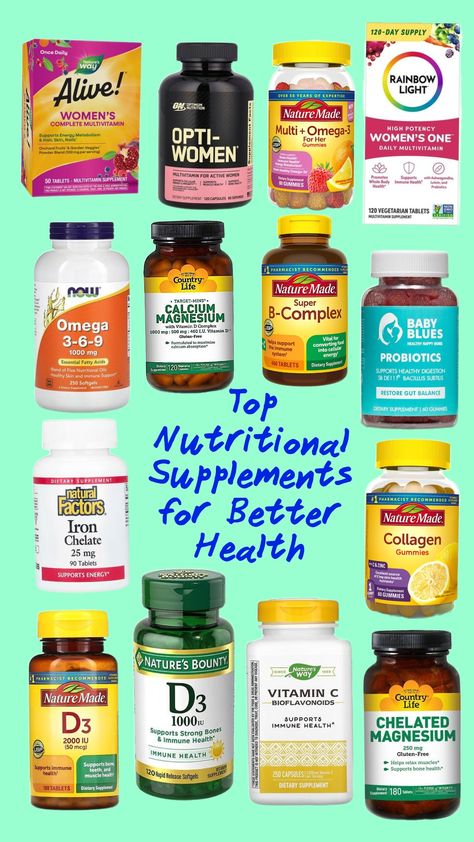 A colorful collage of top nutritional supplements, featuring bottles of vitamins, minerals, and herbal supplements, arranged to highlight their health benefits for improved energy, immunity, and overall well-being. Best Vitamins And Supplements For Women, Women’s Supplements, Vitamins For Teen Girls Health, Best Women’s Vitamins, Daily Supplements For Women, Women's Vitamins, Wellness Supplements, Best Multivitamin, Skin Care Basics