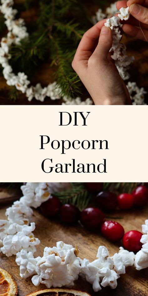 a woman stringing up popcorn for her tree! How To String Popcorn For Christmas Tree, Popcorn Strands For Christmas Tree, Making Popcorn Garland, Popcorn Ornaments Diy, Popcorn Cranberry Garland How To Make, Stringing Popcorn For Christmas Tree, Christmas Tree With Popcorn Garland, Popcorn Christmas Decorations, Popcorn Tree Garland