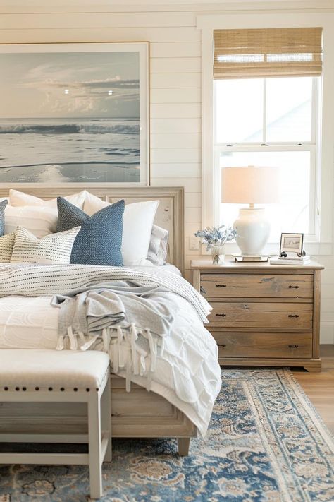 Master Bedrooms Decor Blues, Blue White And Tan Bedroom, Blue Color Schemes Bedroom, Lakehouse Bedroom Ideas Master Suite, Receiving Room Ideas, Blue Primary Bedroom Ideas, Dusty Blue Bedroom Ideas, Cozy Bright Bedroom, Georgetown Homes