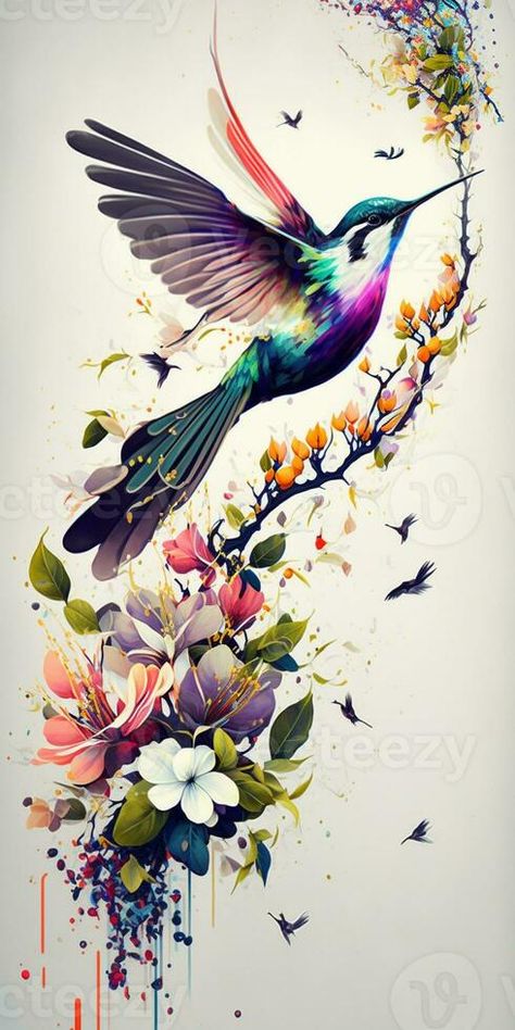 brightly colored hummingbird flying over a flower and butterfly branch. generative ai. Dream Catcher With Flowers, Colorful Hummingbird Tattoo, Hummingbird Flower Tattoos, Hummingbird Flying, Colorful Hummingbird, Flower And Butterfly, Vector Food, Hummingbird Tattoo, Butterflies Flying