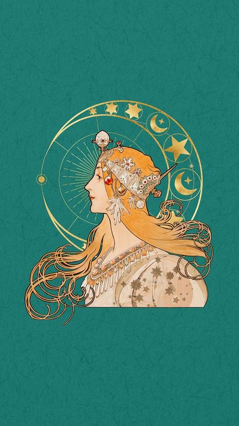 Vintage Celestial Art Moon, Mucha Wallpapers, Art Nouveau Design Illustration, Spiritual Wallpaper Iphone, Vintage Celestial Art, Iphone Wallpaper Art, Portfolio Aesthetic, Mucha Zodiac, Cher Wallpapers