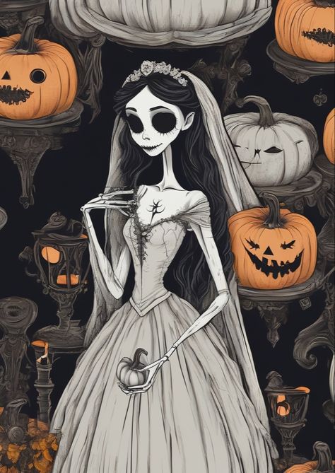 Halloween art created by Gopnitsacore Corpes Bride Wallpaper Pc, Spooky Cartoon Aesthetic, Halloween Christmas Wallpaper, Corpse Bride Art Fanart, Halloween Anime Drawing, Emily Corpse Bride Fanart, Dark Witch Drawing, Cute Halloween Backgrounds Wallpapers, Cool Halloween Drawings