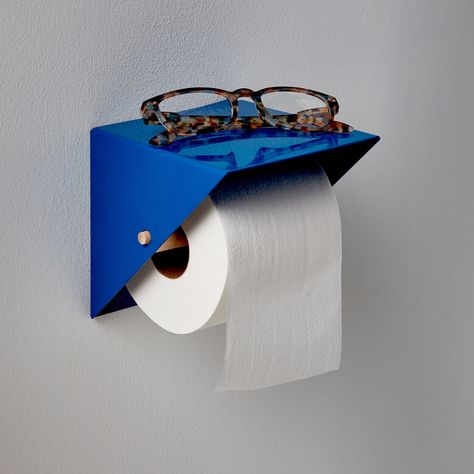 Toilet Paper Holder with Shelf in color Blue Toilet Paper Holder With Shelf, Moma Design, New Toilet, Design Industrial, Toilet Roll Holder, Toilet Roll, Contemporary Home Decor, Mid Century Vintage, Sheet Metal