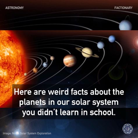 Here are weird facts about the planets in our solar system you didn’t learn in school. #astronomy #planets #venus #mars #jupiter #saturn #facts #Factionary Planets In The Solar System, Facts About Solar System, Facts About Each Planet, Venus Facts, Fast Facts About Planets, Facts About Saturn, How Planets Orbit The Sun, Facts About Venus Planet, 9 Planets