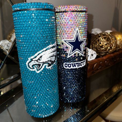 Seattle Seahawks And Dallas Cowboys Tumbler Rhinestone Cups . These Are Sold Separately! Another Listing Will Be Posted For Any Available Cup Left! Dallas Cowboys Rhinestone Tumbler, Custom Tumbler Cups Glitter, Diy Things To Make And Sell, Blinged Cups, Bedazzle Ideas, Bedazzled Items, Dallas Cowboys Tumbler, Bejeweled Bottles, Cowboys Tumbler