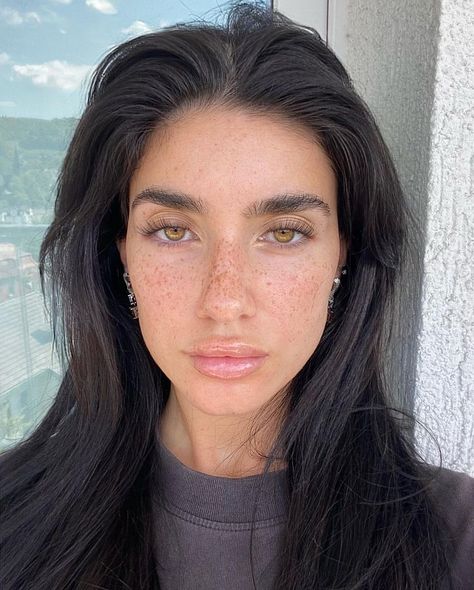 Dark Hair Tan Skin Brown Eyes, Dark Chocolate Brown Hair Pale Skin, Black Hair Tan Skin Brown Eyes, Dark Brown Hair With Hazel Eyes, Freckles Dark Hair, Black Hair Amber Eyes, Dark Hair And Freckles, Dark Hair Light Eyebrows, Dark Hair Pale Skin Brown Eyes