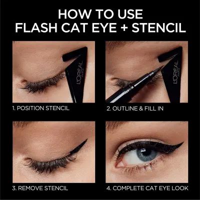 L'Oreal Paris Infallible Flash Cat Eye lends a helping hand in your quest to attain runway-level cat eyes with a budge-, water-proof formula that's easy to control, has strong pigment, and a lil' detachable wing stencil to guide your artistic endeavors. 23 New Beauty Products You Need To Try ASAP How To Apply Cat Eye Eyeliner, Reverse Cat Eye Eyeliner, Cat Eye Liquid Eyeliner, Cat Eyeliner Stencil, Cat Eye Stencil, Diy Cat Eye Stencil Winged Liner, Makeup Removal Tips, Winged Stencil, Cat Eye Eyeliner