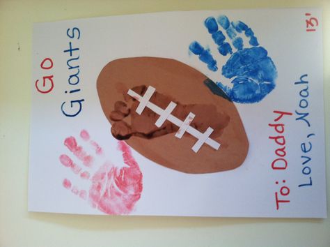 Football handprint art! Handprint Football Craft, Sports Art For Infants, Chiefs Crafts For Kids, Hand Print On Legs Football Game, Football Fathers Day Crafts For Kids, Sports Handprint Art, Infant Football Art, Super Bowl Crafts For Toddlers, Football Handprint Art