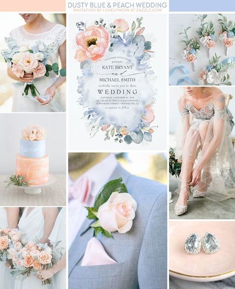 Dusty Blue And Peach Wedding, Dusty Blue Wedding Flowers, Peach And Dusty Blue, Blue Wedding Flowers Bouquet, Blue And Peach Wedding, Blue Peach Wedding, Peach Peony, Peach Wedding Invitations, Greenery Bouquet