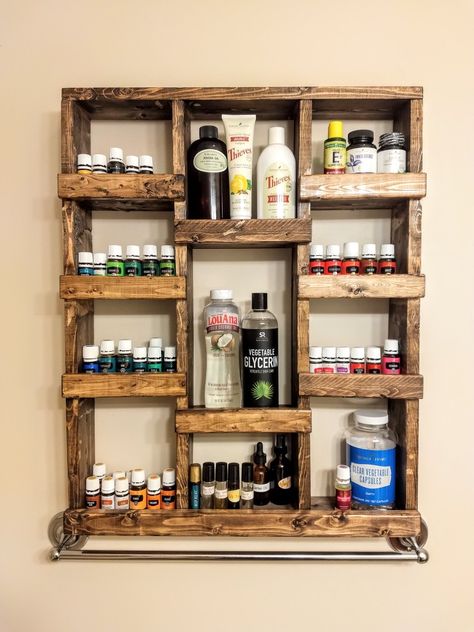 Essential Oil Shelves Diy, Diy Essential Oil Display, Essential Oil Shelf Diy, Essential Oil Shelves, Essential Oil Display Ideas, Esstenial Oils, Essential Oil Storage Ideas, Alcohol Shelf, Ladder Shelf Diy