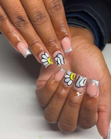 Kaws Nail Designs, Kaws Nails, Acrylic Nails Yellow, Neon Acrylic Nails, Purple Acrylic Nails, Nails Yellow, Acrylic Toe Nails, Spring Acrylic Nails, Acrylic Nail Set