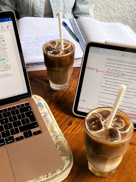 Aesthetic Cafe Studying, Cafe Writing Aesthetic, Studying And Coffee, Coffee Studying Aesthetic, Iced Coffee Studying Aesthetic, Study In A Cafe Aesthetic, Study With Coffee Aesthetic, Work In Coffee Shop, Working At Coffee Shop Aesthetic