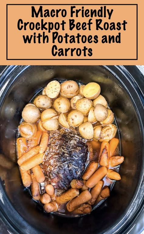 This crockpot beef roast with potatoes and carrots is the perfect meal for a busy night. I like to make this on night we have tumbling for my daughter so dinner is ready when we get home. This crockpot meal is packed with protein, fiber, and is macro friendly for those of you counting macros. #crockpot #macrofriendlyrecipes #macrofriendlydinner #crockpotrecipes Macro Friendly Crockpot, Crockpot Beef Roast, Roast With Potatoes And Carrots, Roast Beef Crock Pot Recipes, Crockpot Meal Prep, Beef Roast Crock Pot, Crockpot Roast Recipes, Roasted Potatoes And Carrots, Pot Roast Crock Pot Recipes