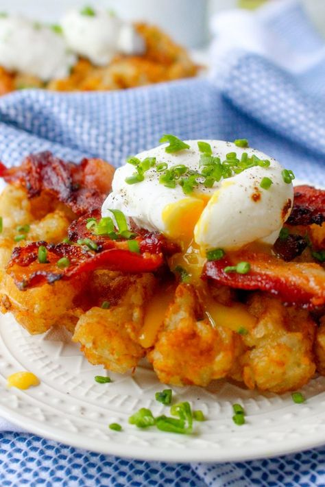 Tater Tot Waffles with Bacon, Eggs, and Truffle Oil Tator Tot Waffle, Tot Waffle, Tater Tot Waffle, Chicken Casserole Dinners, Paleo Dishes, Bacon Eggs, Clean Eating Breakfast, Truffle Oil, Tater Tots