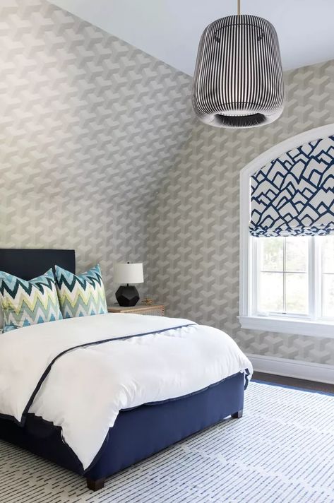 Ways To Use Wallpaper, Storing Holiday Decorations, Wonderland House, Cape Cod Bedroom, Cozy Attic Bedroom, Bedroom Wallpaper Ideas, Grey And White Wallpaper, Warm Gray Paint, Cozy Attic