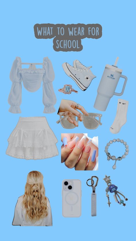 It has light blue converse with a light blue long sleeve baggy shirt. There is a puffy white skirt with Nike socks. There is keychains for the Stanley. The phone case is light blue with an accent of a darker blue! Nike Socks Outfit, Light Blue Converse, Socks Outfit, Baggy Shirt, Light Blue Long Sleeve, Outfits For School, Blue Converse, Sock Outfits, Nike Socks