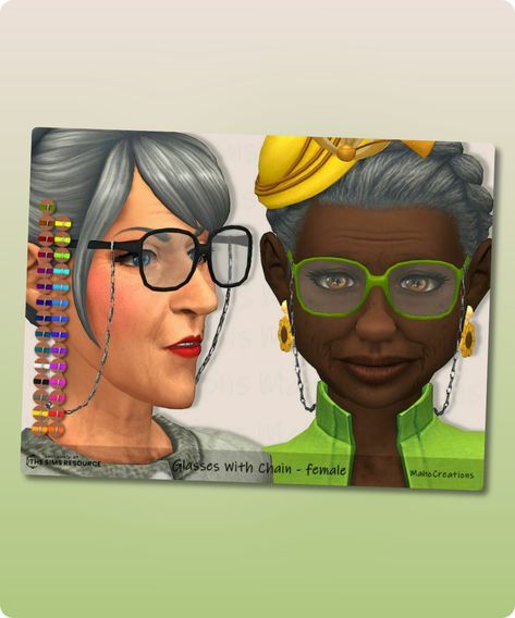 Sims 4 Glasses – female These glasses with chain are specially made for the elderly, but youngsters can wear them just as well. new mesh basegame female teen to elder 29 colours to find in glasses Some clipping issues in the neck are unavoidable. Revision: 2 Filesize: 2 MB Recoloring Allowed: Yes – Do notContinue reading "Glasses – Female By Mahocreations" #teen #accessories #sims #gaming #sims4cc #glasses Sims 4 Cc Glasses With Chain, Ts4 Glasses Cc, Glasses Cc Sims 4, Glasses With Chain, Teen Accessories, Ts4 Accessories, 80s Glasses, Sims 4 Cc Download, Luna And Artemis