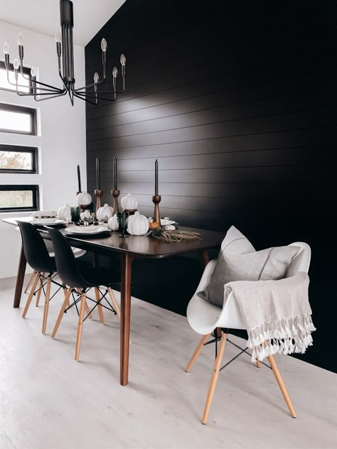 Scandi Dining Room, Style Curator, Black Shiplap, Nina Williams, Black Walls Bedroom, Feature Wall Ideas, Dining Room Accent Wall, Black Feature Wall, Scandinavian Dining Room