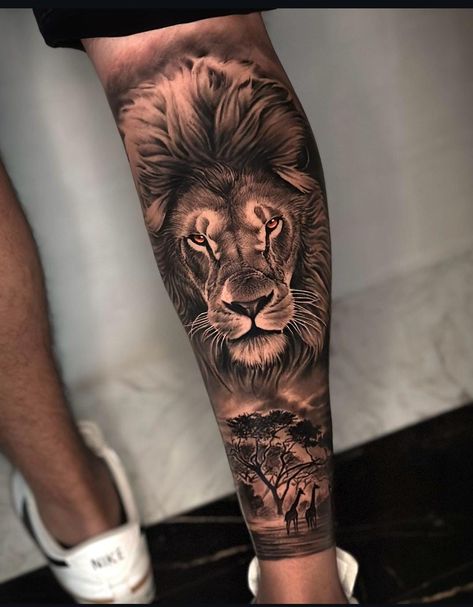 Lion Back Tattoo, Lion Forearm Tattoos, Jungle Tattoo, Leg Sleeve Tattoos, Leg Tattoo Ideas, Latest Tattoo Design, Animal Sleeve Tattoo, Animal Tattoo Ideas, Men Tattoos Arm Sleeve