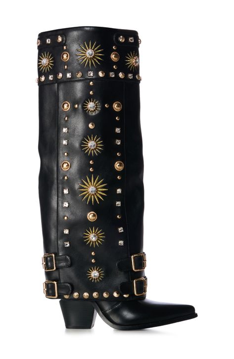 Sparkling crystals and goldtone studs amplify the bold, modern style of this over-the-knee boot. Side zip closure Synthetic upper, lining and sole Imported Asian & Pacific Islander Owned/Founded Gold And Black Boots, Unique Combat Boots, Cool Black Boots, Western Chic Fashion Dressy, Lv Boots Outfit, Studded Clothes, Gold Boots Outfit, Disco Themed Party Outfit, Black Dress With Boots