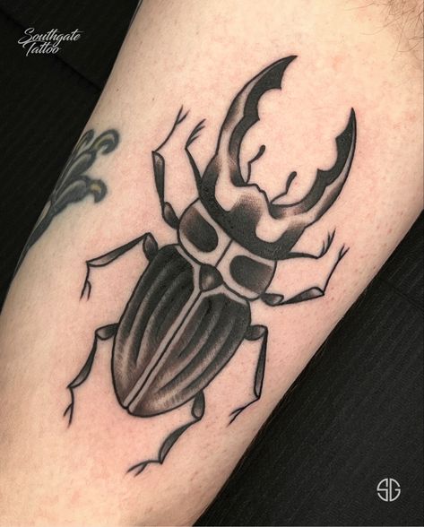 Trad Beetle Tattoo, Traditional Style Bug Tattoo, Black Beetle Tattoo, American Traditional Beetle Tattoo, Horned Beetle Tattoo, American Traditional Beetle, Beetle Tattoo Meaning, Traditional Beetle Tattoo, Traditional Bug Tattoo