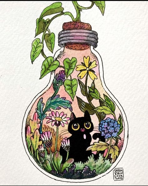 Lightbulb Tattoo Ideas, Glass Containers Art, Terrarium Drawing, Dioramas Ideas, Terrarium Art, Cat And Flowers, Bottle Drawing, Art Mignon, Black Kitty