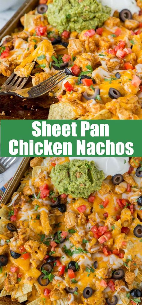 Sheet Pan Chicken Nachos - make a full tray of nachos for the whole family in minutes. Customize it to what your family likes, and get a dinner on the table, your family will love super fast! Oven Chicken Nachos, Easy Chicken Nachos Sheet Pan, Sheet Pan Chicken Nachos Recipe, Sheet Pan Nachos Chicken, Chicken Nachos Recipe Easy, Chicken Nachos Sheet Pan, Chicken Sheet Pan Nachos, Easy Chicken Nachos, Nacho Recipe