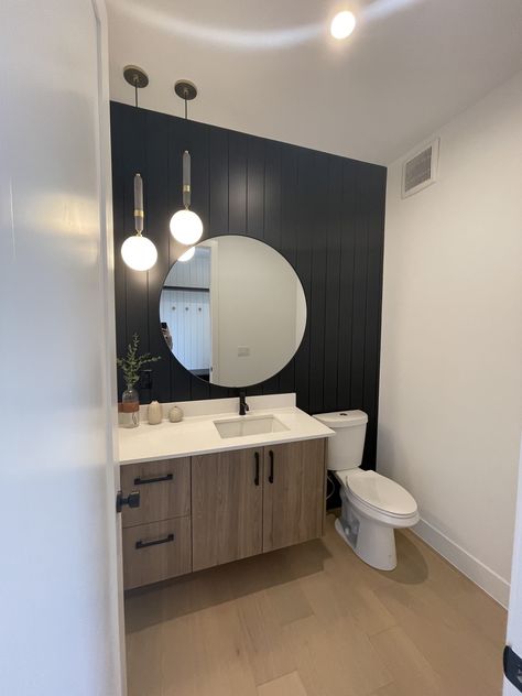 One Color Bathroom, Modern Organic Half Bathroom, Modern Office Bathroom, Black Accent Bathroom Wall, Long Half Bathroom Ideas, Half Bath Modern Farmhouse, Black Bathroom Accent Wall, Modern Restroom Ideas, Large Half Bathroom Ideas