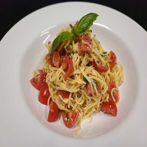 Summer Angel Hair Tomato Basil Salad Gourmet Pasta Recipes, Angel Hair Pasta Salad, Pasta With Prosciutto, Basil Cream Sauce, Tomato Basil Salad, Pasta With Tomatoes, Prosciutto Pasta, Gourmet Pasta, Basil Salad