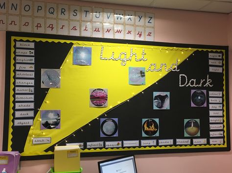 Light & Dark science display Light Classroom Display, Light And Dark Classroom Theme, Light And Dark Display Classroom, Light And Dark Topic Eyfs, Science Displays Primary, Science Materials Display, Greeting Board, Dark Science, Science Light