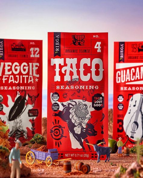 Whiskey Design on Instagram: “Here are the final three flavors we did for the @riega_foods Tex Mex seasoning line. In Texas, everything is bigger…including flavor.” Tex Mex Design, Hot Sauce Packaging, Whiskey Design, Veggie Tacos, Illustration Packaging, Mexican Street Food, Texas Food, Branding Illustration, Food Pack