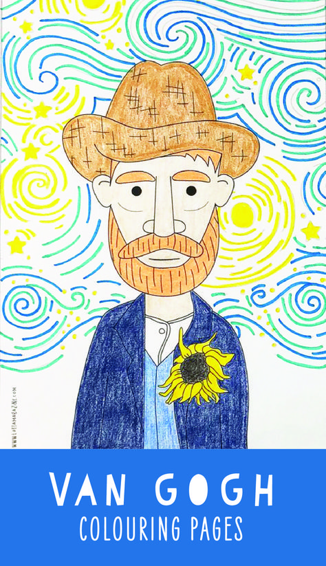 Fun Vincent Van Gogh colouring pages for kids. Kids art history coloring pages. Famous artist fun. How To Draw Van Gogh, Van Gogh Crafts For Kids, Van Gogh Coloring Pages, Van Gogh Art Lesson, Van Gogh For Kids, History Coloring Pages, Van Gogh Coloring, Famous Artists For Kids, Colouring Pages For Kids