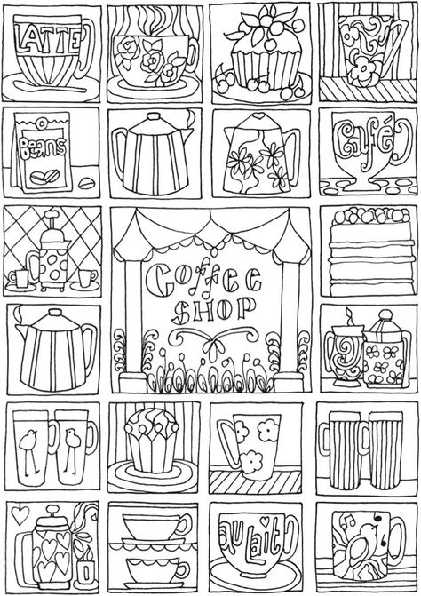 BLISS Shop Coloring Book : Your Passport to Calm | Dover Publications Coffee Coloring Pages, Doodle Coloring Pages, Colouring Book Pages, Dover Publications, Adult Colouring Pages, Detailed Coloring Pages, 자수 디자인, Coloring Book Art, Book Page