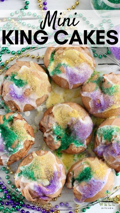 Celebrate Mardi Gras with your own personal Mini King Cake even if you can't make it to New Orleans or Mobile for the parades. This whole grain king cake recipe has less butter and sugar than traditional king cakes but is just as delicious! Similar to cinnamon rolls, you get your own. And you can even put a baby in one for a fun treat. Great idea for an epiphany celebration or festival party. Includes step by step photos and videos. #kingcake #kingcakerecipe Epiphany Celebration, Mini King Cakes, New Orleans King Cake, King Cakes, King Cake Recipe, Baking For Beginners, New Orleans Recipes, Mardi Gras King Cake, Cooking For Beginners