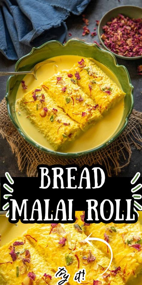 Bread malai roll is an Indian sweet where white bread slices are stuffed with a thick rabdi and then dunked in flavourful reduced milk. Here is how to make it. Bread Malai Roll Recipe, Bread Malai, Jamun Recipe, Kulfi Recipe, Creative Dessert Recipes, Burfi Recipe, Best Bread, Spicy Snacks Recipes, Chaat Recipe