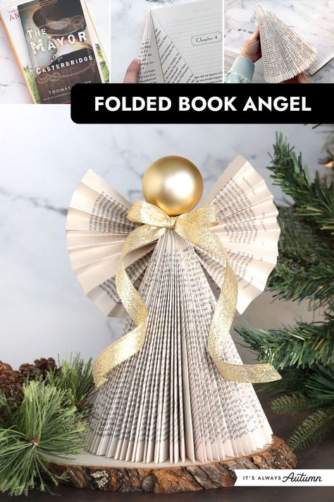 Make a pretty angel out of an old paperback book. Get step by step instructions for this easy Christmas craft. Crafts Made With Old Books, Angel Book Folding, Old Book Pages Crafts Christmas, Book Snowman Diy, Folded Book Angel, Folded Pages Book Art, Old Book Christmas Crafts, Diy Book Page Crafts, Paperback Book Crafts