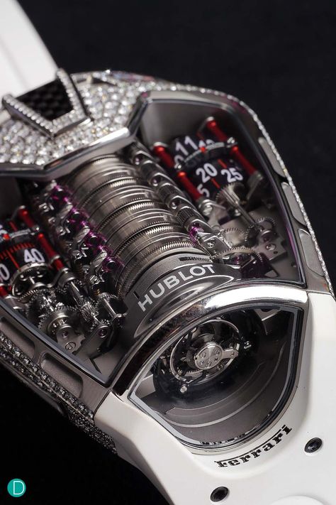 The Hublot MP-05 "LaFerrari" also features a suspended vertical tourbillon. Hublot Ferrari, Hublot Watches Men, Ferrari Watch, Mens Watches Expensive, Mens Bling, Swiss Watch Brands, Hublot Watches, Appliances Design, Swiss Luxury Watches