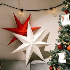 Scandinavian Christmas Stars Diy, Diy Large Star Decoration, Ikea Paper Stars, Diy Outdoor Star Christmas Lights, Giant Paper Stars Diy, Paper Christmas Stars How To Make, Paper Stars Decor, Paper Star Diy Christmas, Big Paper Stars Diy