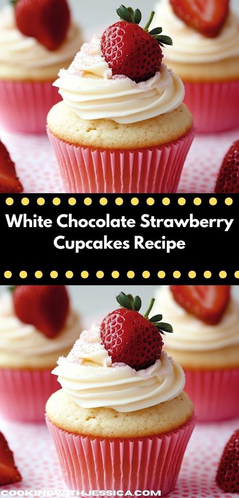 Searching for a family-friendly dessert idea? These White Chocolate Strawberry Cupcakes are not only delicious but also simple to prepare, making them the ideal sweet treat for kids and adults alike." Strawberry Cupcakes Recipe, Chocolate Strawberry Cupcakes, Strawberry Cupcake Recipes, White Chocolate Frosting, White Chocolate Strawberries, Fruity Treats, Fruity Cake, Easy Cupcakes, Fruity Desserts