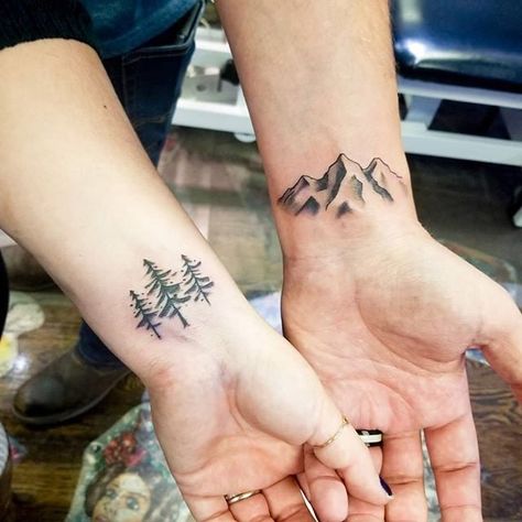 Mountains Couple Tattoo, Matching Landscape Tattoo, Matching Couple Tattoos Nature, Couple Tattoos Outdoors, Outdoor Couples Tattoos, Matching Mountain Tattoos For Best Friends, Simple Mountain Tree Tattoo, Couple Tattoo Mountain, Outdoorsy Couple Tattoos