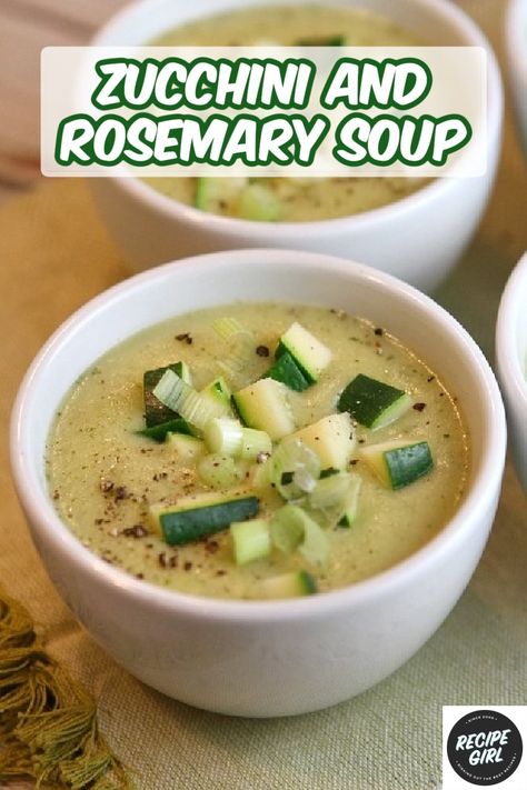 Zucchini and Rosemary Soup recipe from RecipeGirl.com #zucchini #rosemary #soup #recipe #RecipeGirl Rosemary Soup, Zucchini Soup Recipes, Recipes For Entertaining, Meals Of The Day, Vegetarian Chicken, Zucchini Soup, Weight Watchers Soup, Chowder Soup, Weight Watchers Soup Recipes