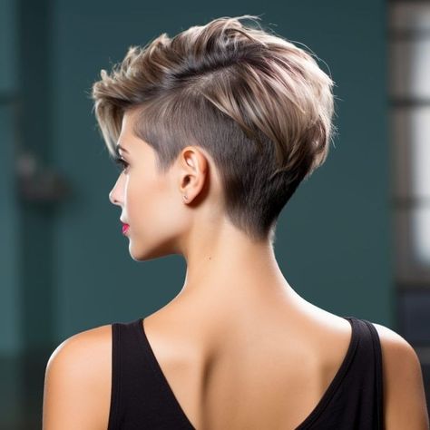 Hi Low Haircut Women, Edgy Undercut Bob, Back Of Pixie Haircut Neckline Fine Hair, Back Of A Pixie Cut, Edgy Short Hair Pixie, Short Edgy Pixie Cuts Shaved Sides, Short Hair With Shaved Side, Stacked Pixie Haircut Back View, Side Shaved Hairstyles Short