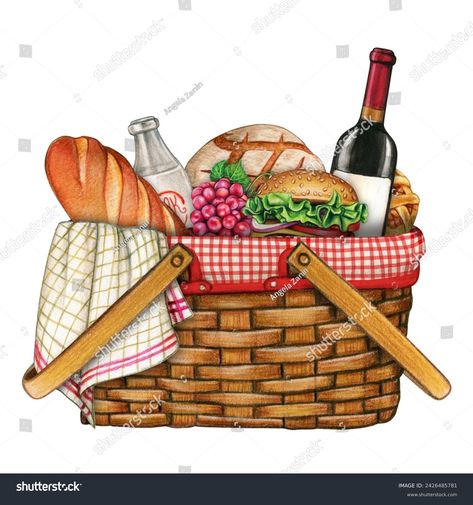 Watercolor Hand Drawn Realistic Picnic Basket Stock Illustration 2426485781 | Shutterstock Picnic Drawing Reference, Picnic Basket Drawing, Picnic Basket Illustration, Picnic Drawing, Basket Illustration, Basket Picnic, Basket Drawing, Bujo Ideas, Design Practice